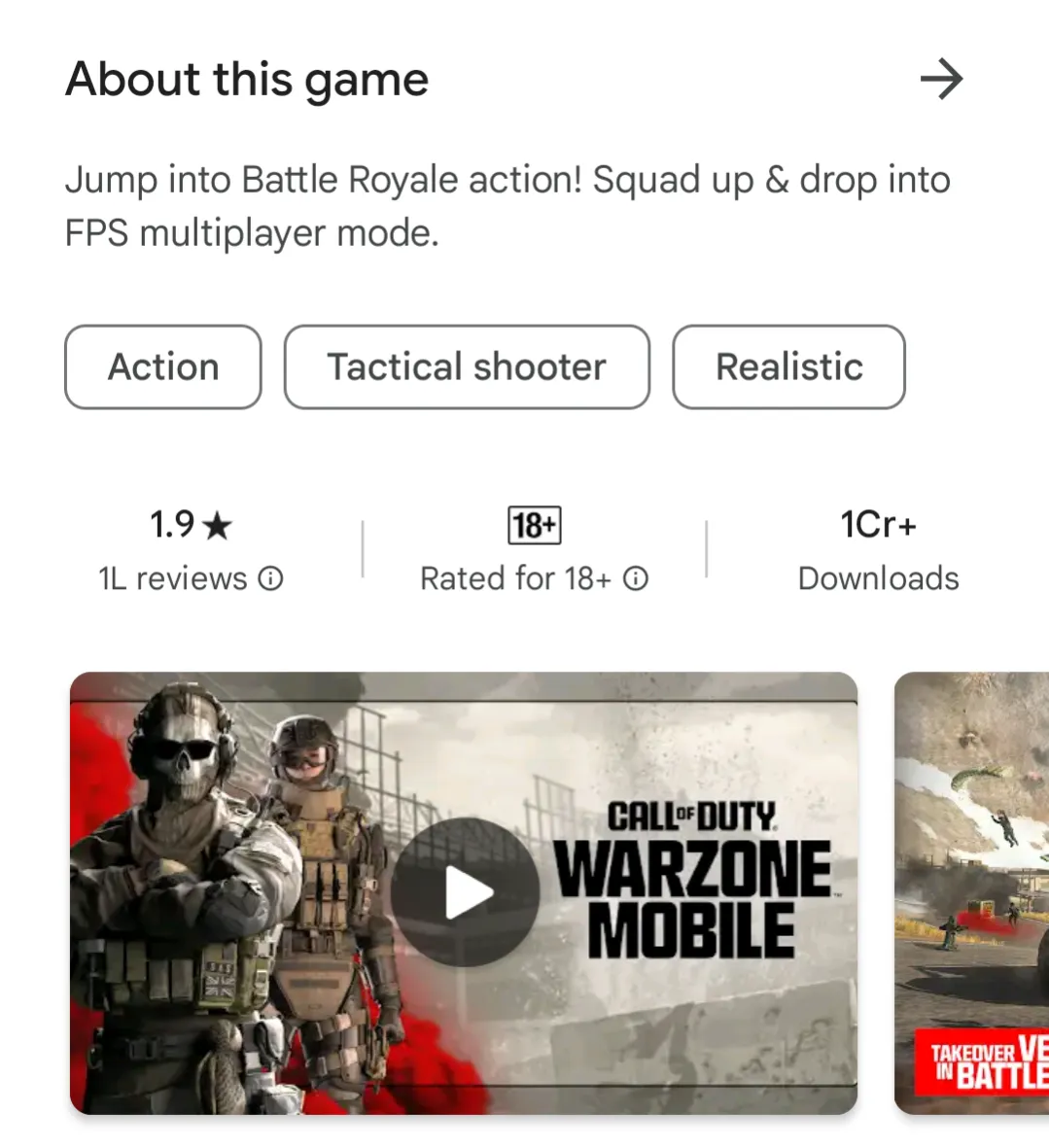 Warzone Mobile ratings on Google Play Store 