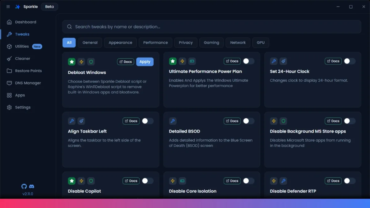 Sparkle Windows 11 Optimizer – Free Debloat Tool, Performance Tweaks ...