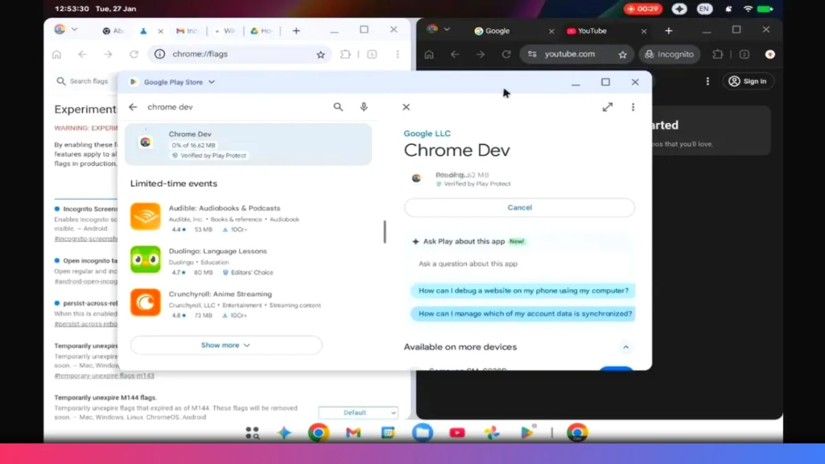 Chrome browser on Android desktop with extensions icon visible